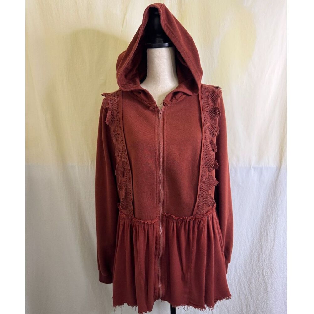 Gimmicks Women's Hi-Low Oversized Zip Up Hoodie Lace & Ruffle Size M Rust Color